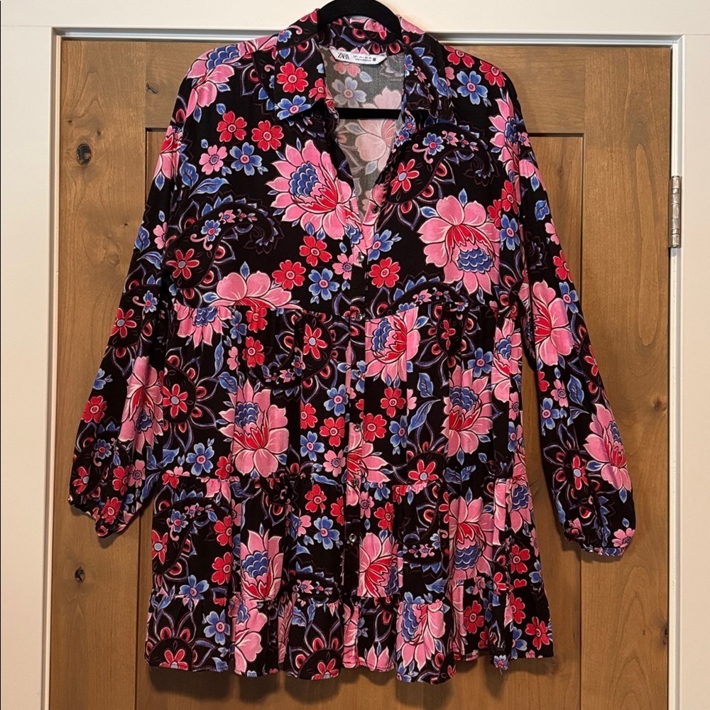 ZARA Multicolor Floral Button Down Tiered Ruffle Blouse Top Womens L Peasant